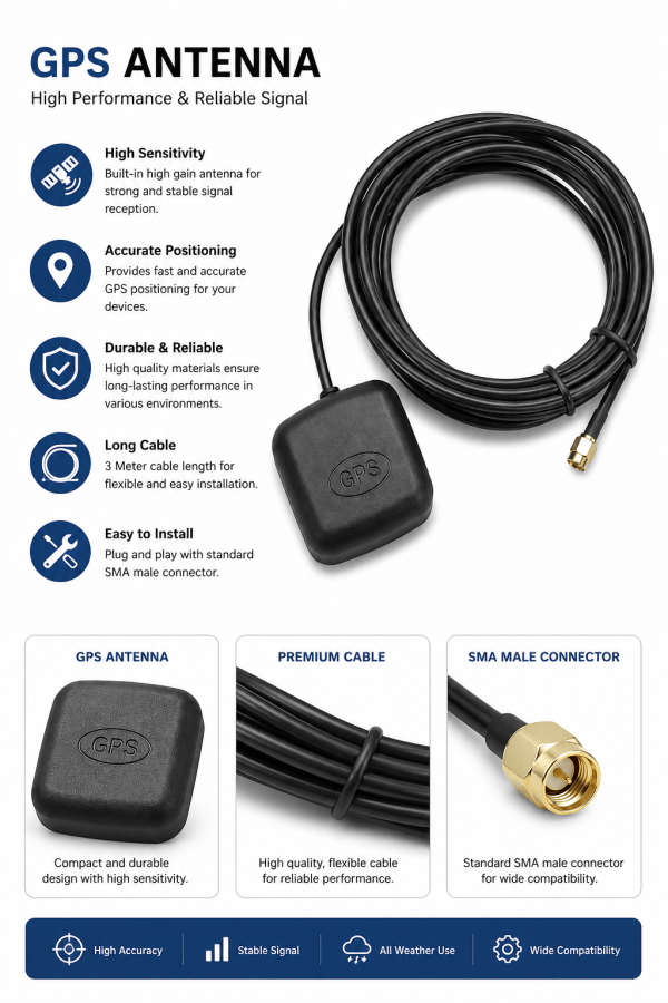 GPS Navigation Antenna | Magnetic Mount Active GPS Antenna with 3 Meter Cable & SMA Male Connector