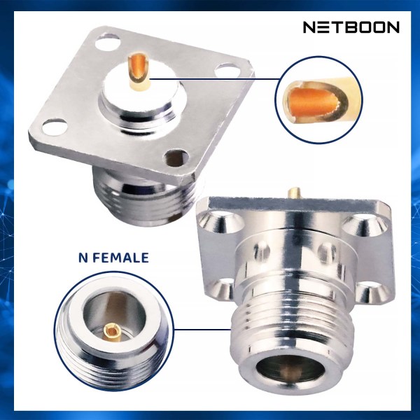 N Female 4-Hole Flange Panel Mount RF Connector, 50 Ohm, High-Performance – PACK OF 2