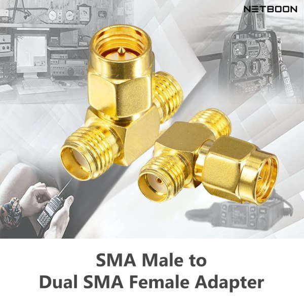 SMA Male to Dual SMA Female RF Adapter | Tee Type Coaxial Connector | SMA Male Female Female Splitter – Pack of 2