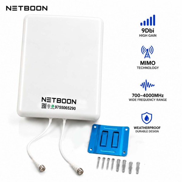 NETBOON 5G MIMO Patch Panel Directional Antenna, 9 dBi High Gain, 700-4000MHz Wideband Coverage, IndoorOutdoor Weatherproof Antenna (1) 9dBi MIMO Patch Panel Directional Antenna | 700–4000MHz Wideband 4G LTE & 5G Antenna for Routers, Hotspots & Signal Boosters