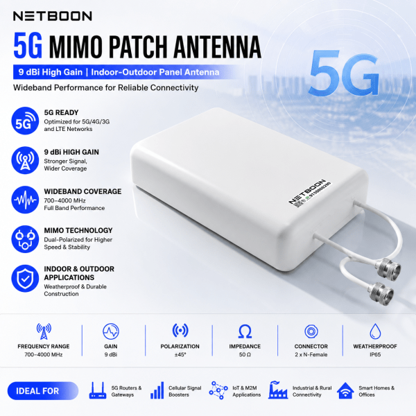NETBOON 5G MIMO Patch Panel Directional Antenna, 9 dBi High Gain, 700-4000MHz Wideband Coverage, IndoorOutdoor Weatherproof Antenna (1) 9dBi MIMO Patch Panel Directional Antenna | 700–4000MHz Wideband 4G LTE & 5G Antenna