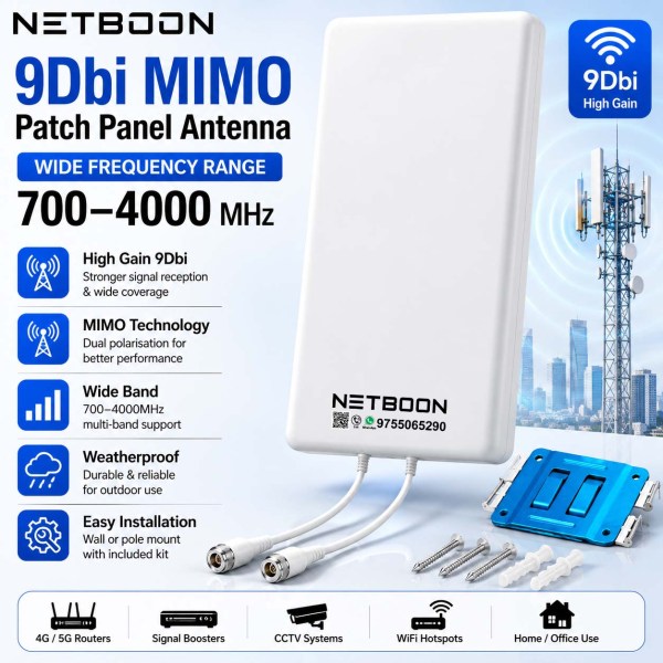 NETBOON 5G MIMO Patch Panel Directional Antenna, 9 dBi High Gain, 700-4000MHz Wideband Coverage, IndoorOutdoor Weatherproof Antenna (2) 9dBi MIMO Patch Panel Directional Antenna | 700–4000MHz Wideband 4G LTE & 5G Antenna