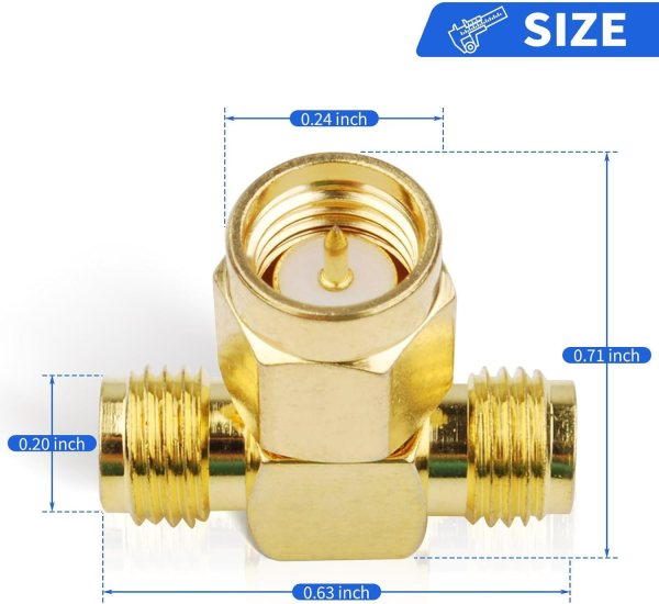 SMA Male to Dual SMA Female RF Adapter | Tee Type Coaxial Connector | SMA Male Female Female Splitter – Pack of 2