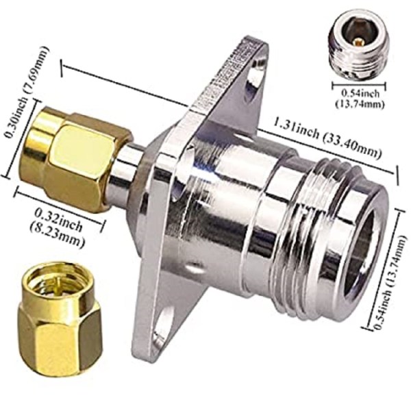 N Female To SMA Male Adapter (3) N Female to SMA Male Four-Hole Flange Panel Mount RF Coaxial Adapter - PACK OF 2