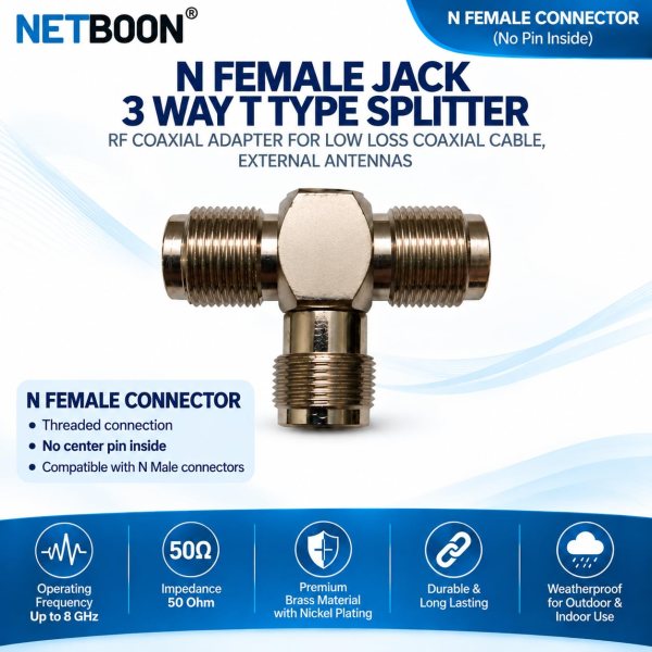 NETBOON N Type Dual Male to N Female T Type Adapter 3-Way 50 Ohm RF Coaxial Connector (2) NETBOON N Type Dual Male to N Female T Type Adapter 3-Way 50 Ohm RF Coaxial Connector