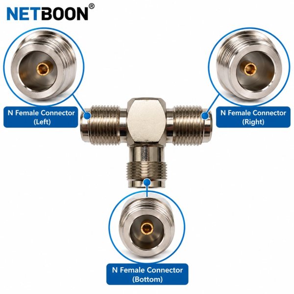 NETBOON N Type Dual Male to N Female T Type Adapter 3-Way 50 Ohm RF Coaxial Connector (3) N Female to Dual Female Adapter | 3-Way N Type Female Connector – Pack of 2