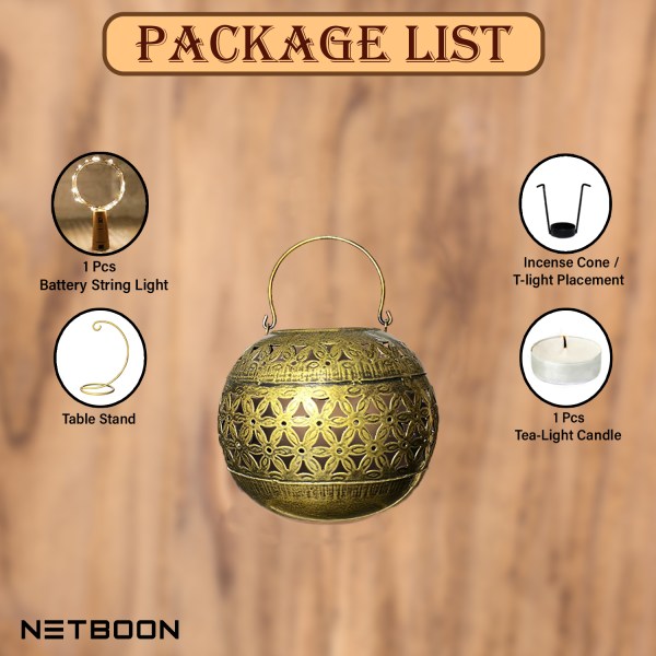 Tabletop Dhoop Incense Burner Home Decorative Accessory with ( 1 Tea Light Candle + 1 String Light) for Library, Study Table, Reception, Office Desk