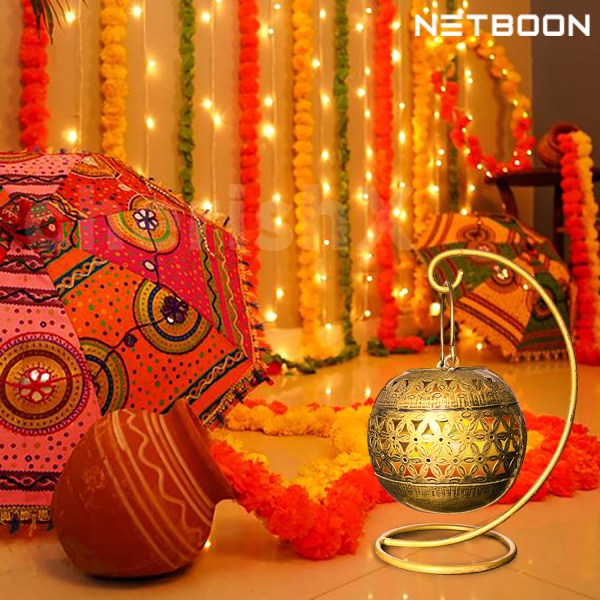 Tabletop Dhoop Incense Burner Home Decorative Accessory with ( 1 Tea Light Candle + 1 String Light) for Library, Study Table, Reception, Office Desk