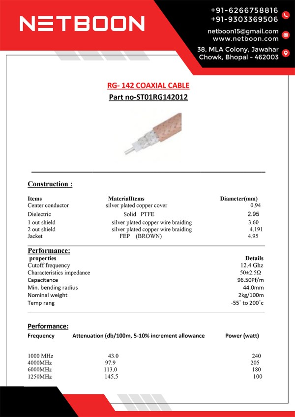 RG- 142 COAXIAL CABLE RG 142 Low Loss RF Coaxial Cable for Microwave Applications