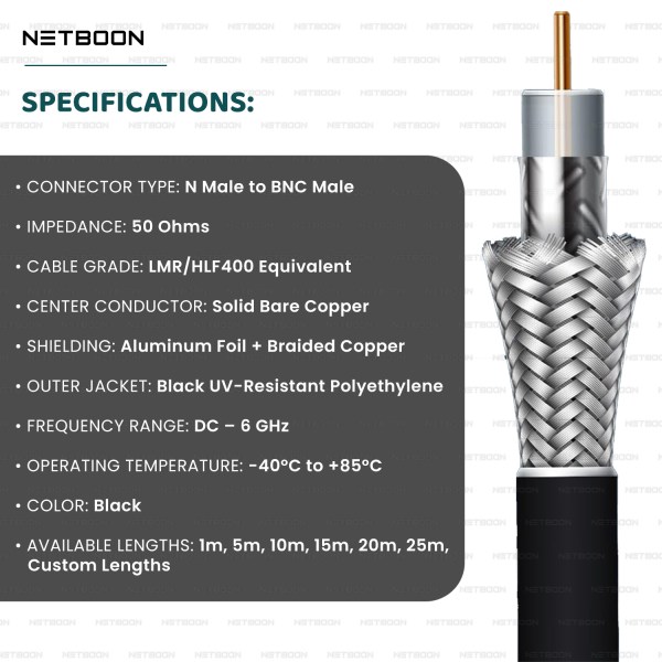 HLF400 Coaxial Cable Assembly – N Male to BNC Male Connector | 50 Ohm Low-Loss RF Cable for Test Equipment, CCTV, and Communication Systems