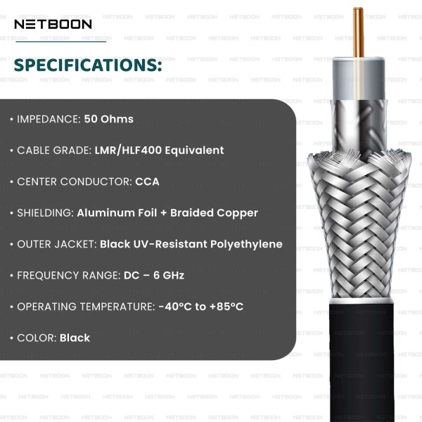 HLF-LMR400 CABLE ASSEMBLY WITH RF CONNECTOR 6GHZ (2) HLF400 Coaxial Cable Assembly with TNC Male to SMA Male Connector | 50 Ohm Low Loss RF Cable | Indoor & Outdoor Use