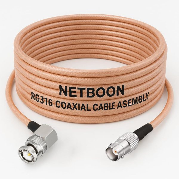 NETBOON RG316 Coaxial Cable Assembly – BNC Male Right Angle to BNC Female Connectors, Flexible RF Jumper for Signal Extension, Lab Equipment, and Compact Test Bench Routing (1) NETBOON RG316 Coaxial Cable Assembly – BNC Male Right Angle to BNC Female Connectors, Flexible RF Jumper for Signal Extension, Lab Equipment, and Compact Test Bench Routing