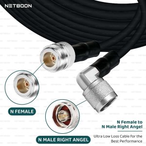 NETBOON HLF400 Coaxial Cable Assembly N Female to N Male Right Angle Connector | 50 Ohm Low Loss RF Coax Cable | LMR400 Equivalent | UV Resistant | Ideal for Tight-Space RF Setups
