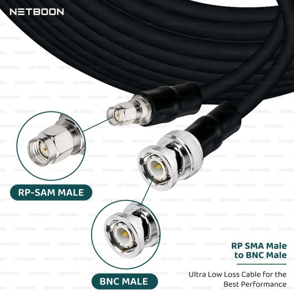 NETBOON HLF400 Coaxial Cable Assembly RP-SMA Male to BNC Male Connector | 50 Ohm Low Loss RF Cable | LMR400 Equivalent | UV Resistant | Dual Shielded | High Frequency Support