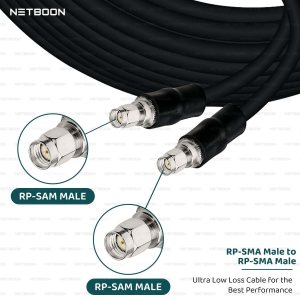 NETBOON HLF400 Coaxial Cable Assembly RP-SMA Male to RP-SMA Male Connector | 50 Ohm Low Loss Coax | LMR400 Equivalent | UV Resistant | Dual Shielded | Outdoor-Grade RF Cable