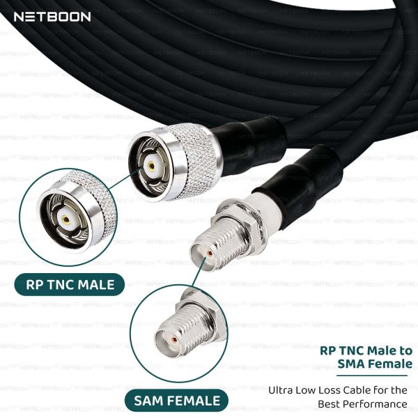 NETBOON HLF400 Coaxial Cable Assembly RP-TNC Male to SMA Female Connector | 50 Ohm Low Loss RF Cable | Dual Shielded | Outdoor Rated Coax Jumper