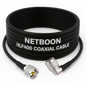 NETBOON UHF male to N male right angle cable, HLF400 coaxial cable with angled N connector, low loss PL-259 to N male RF cable, shielded RF coax jumper, LMR400 equivalent for ham radio, outdoor coax cable with UHF to N right angle connector, flexible patch cord for radio and antenna, UV resistant RF signal cable, right-angle N male coax for tight spaces, professional-grade UHF RF extension line