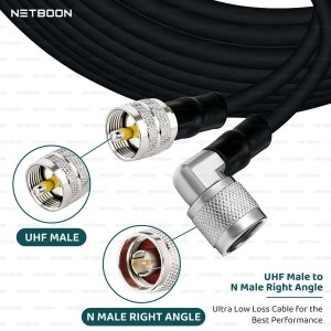 NETBOON UHF male to N male right angle cable, HLF400 coaxial cable with angled N connector, low loss PL-259 to N male RF cable, shielded RF coax jumper, LMR400 equivalent for ham radio, outdoor coax cable with UHF to N right angle connector, flexible patch cord for radio and antenna, UV resistant RF signal cable, right-angle N male coax for tight spaces, professional-grade UHF RF extension line