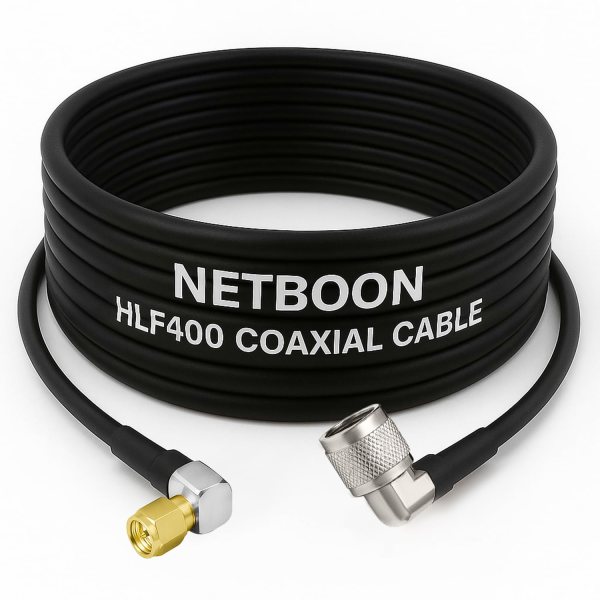 NETBOON HLF400 Coaxial Cable Assembly with N Male Right Angle to SMA Male Right Angle Connector, 50 Ohm Low-Loss RF Jumper for Test Labs, RF Panels, and Communication Systems
