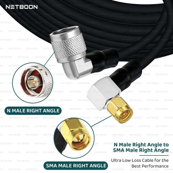 NETBOON HLF400 Coaxial Cable Assembly with N Male Right Angle to SMA Male Right Angle Connector, 50 Ohm Low-Loss RF Jumper for Test Labs, RF Panels, and Communication Systems