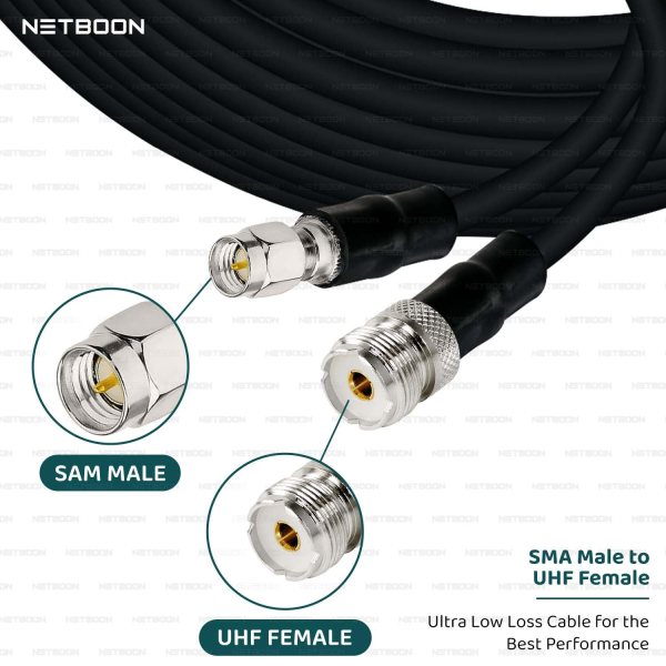 NETBOON HLF400 Coaxial Cable Assembly with SMA Male to UHF Female Connector | 50 Ohm Low Loss RF Coaxial Jumper | Outdoor Rated Double Shielded Heavy Duty