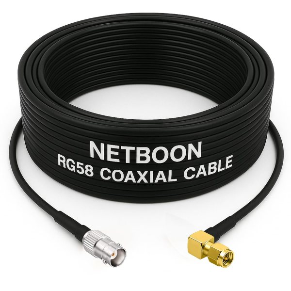 NETBOON RG58 Coaxial Cable Assembly with BNC Female to SMA Male Right Angle Connectors 50 Ohm Low-Loss RF Jumper for CCTV, Lab Testing & Communication Panels (1) NETBOON RG58 Coaxial Cable Assembly with BNC Female to SMA Male Right Angle Connectors | 50 Ohm Low-Loss RF Jumper for CCTV, Lab Testing & Communication Panels
