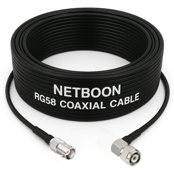 NETBOON RG58 Coaxial Cable Assembly with BNC Female to TNC Male Right Angle Connectors | 50 Ohm Low-Loss RF Jumper for CCTV, Test & Communication Systems