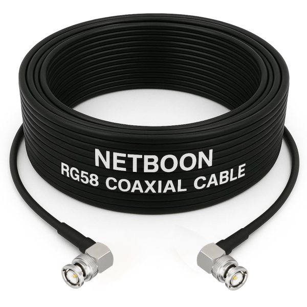 NETBOON RG58 Coaxial Cable Assembly with BNC Male Right Angle to BNC Male Right Angle Connectors | 50 Ohm Low-Loss RF Jumper Cable