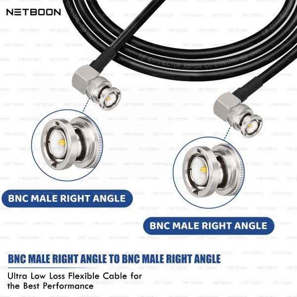 NETBOON RG58 Coaxial Cable Assembly with BNC Male Right Angle to BNC Male Right Angle Connectors | 50 Ohm Low-Loss RF Jumper Cable