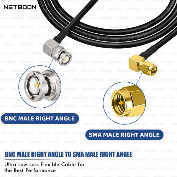 NETBOON RG58 Coaxial Cable Assembly with BNC Male Right Angle to SMA Male Right Angle Connectors 50 Ohm RF Jumper Cable (2) RG58 Coaxial Cable Assembly with BNC Male Right Angle to SMA Male Right Angle Connector