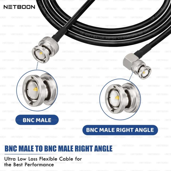 NETBOON RG58 Coaxial Cable Assembly with BNC Male to BNC Male Right Angle Connectors 50 Ohm Low-Loss RF Jumper for CCTV, Broadcast, Antennas & Test Equipment (2) RG58 Coaxial Cable Assembly with BNC Male to BNC Male Right Angle Connector