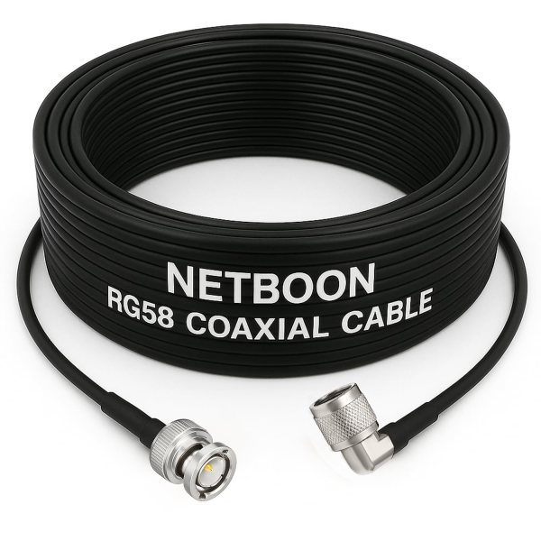NETBOON RG58 Coaxial Cable Assembly with BNC Male to N Male Right Angle Connectors | 50 Ohm Low-Loss RF Jumper for CCTV, Test Equipment & Communication Systems