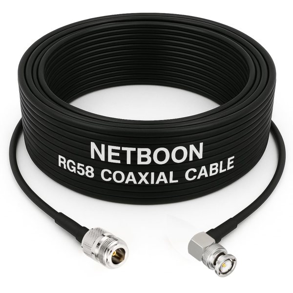 NETBOON RG58 Coaxial Cable Assembly with N Female to BNC Male Right Angle Connectors | 50 Ohm Low-Loss RF Jumper for Antennas, Test Equipment & Communication Systems