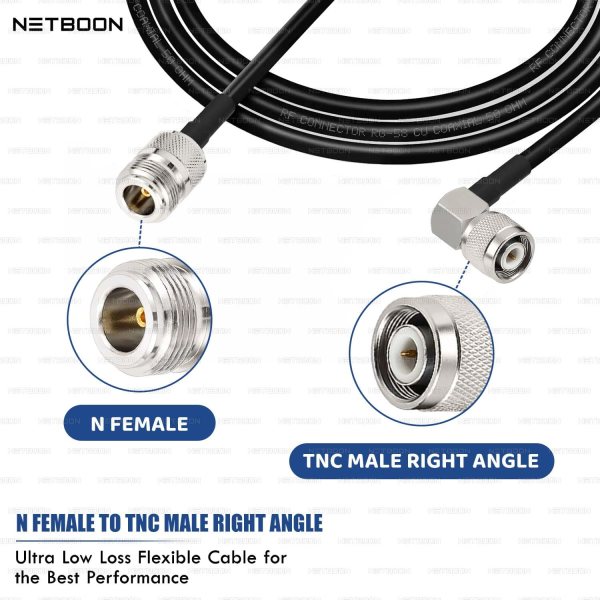 NETBOON RG58 Coaxial Cable Assembly with N Female to TNC Male Right Angle Connectors 50 Ohm Low-Loss RF Jumper for Antennas, Test Equipment & Communication Systems (3) RG58 Coaxial Cable Assembly with N Female to TNC Male Right Angle Connector