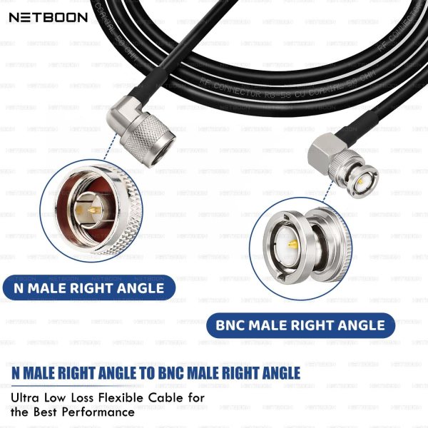 NETBOON RG58 Coaxial Cable Assembly with N Male Right Angle to BNC Male Right Angle Connectors 50 Ohm Low-Loss RF Jumper Cable (2) RG58 Coaxial Cable Assembly with N Male Right Angle to BNC Male Right Angle Connector