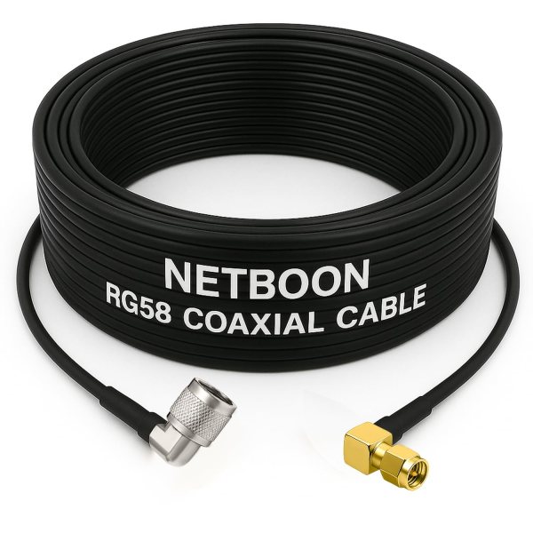 NETBOON RG58 Coaxial Cable Assembly with N Male Right Angle to SMA Male Right Angle Connectors 50 Ohm Low-Loss RF Jumper (1) NETBOON RG58 Coaxial Cable Assembly with N Male Right Angle to SMA Male Right Angle Connectors | 50 Ohm Low-Loss RF Jumper