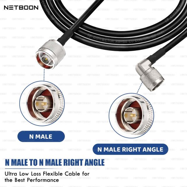 NETBOON RG58 Coaxial Cable Assembly with N Male to N Male Right Angle Connector, 50 Ohm Low-Loss RF Jumper for Antenna Extensions, Test Setups, and Communication Equipment etc (4) RG58 Coaxial Cable with N Male to N Male Right Angle Connector | 50 Ohm Low Loss RF Cable for Antenna, Ham Radio, GPS, WiFi, and Test Equipment