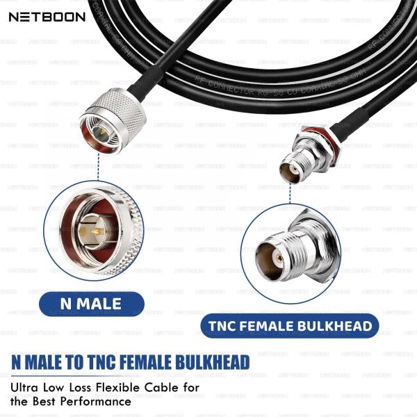 NETBOON RG58 Coaxial Cable Assembly with N Male to TNC Female Bulkhead Connector, 50 Ohm Low-Loss RF Jumper for Antennas, Test Equipment, Instrumentation, and Lab Use (Multiple Lengths)