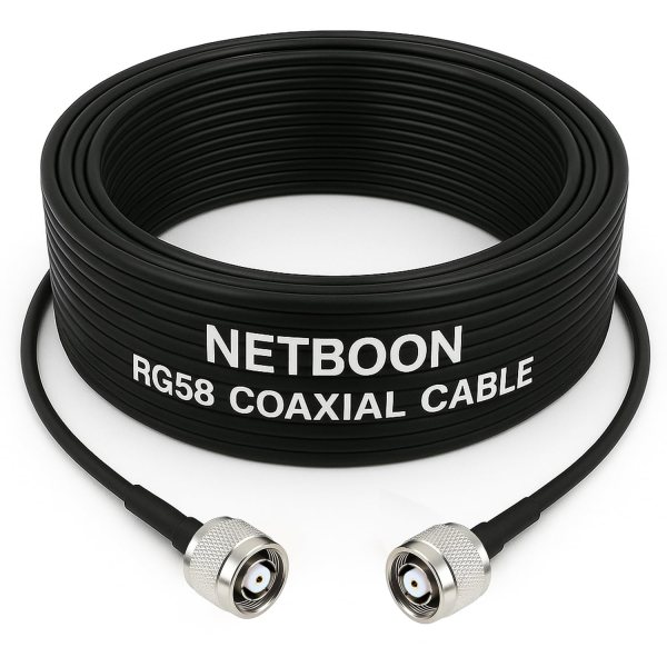NETBOON RG58 Coaxial Cable Assembly with RP TNC Male to RP TNC Male Connectors | 50 Ohm RF Cable for Communication Equipment, Lab Instruments, and Precision Signal Transfer