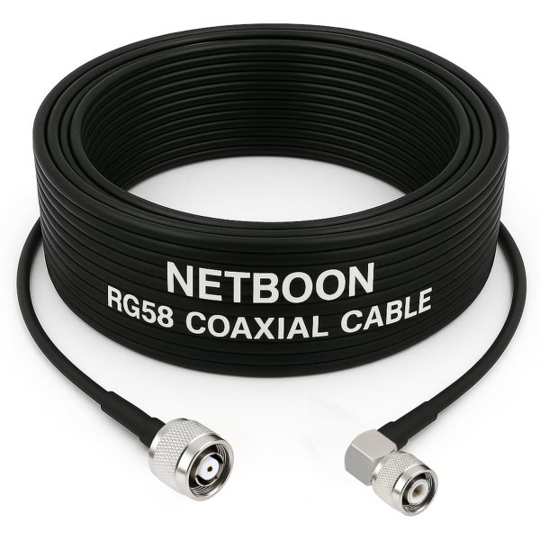 NETBOON RG58 Coaxial Cable Assembly with RP TNC Male to TNC Male Right Angle Connectors 50 Ohm Low-Loss RF Jumper for Test Setups, Signal Routing, and Communication Panels (1) NETBOON RG58 Coaxial Cable Assembly with RP TNC Male to TNC Male Right Angle Connectors | 50 Ohm Low-Loss RF Jumper for Test Setups, Signal Routing, and Communication Panels