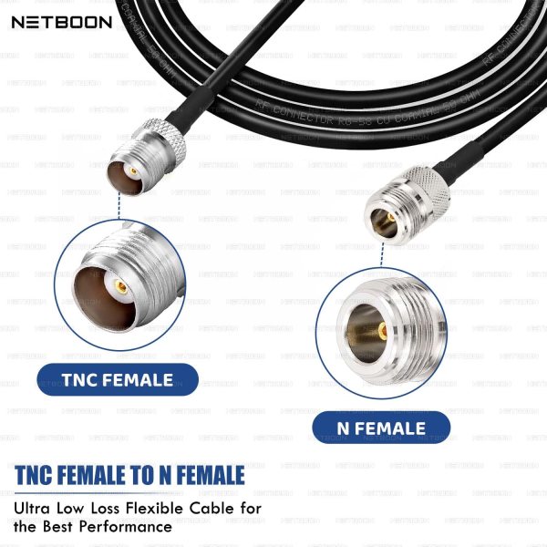 NETBOON RG58 Coaxial Cable Assembly with TNC Female to N Female Connectors 50 Ohm RF Jumper for Communication, Lab Testing & RF Device Integration (2) NETBOON RG58 Coaxial Cable Assembly with TNC Female to N Female Connectors | 50 Ohm RF Jumper for Communication, Lab Testing & RF Device Integration