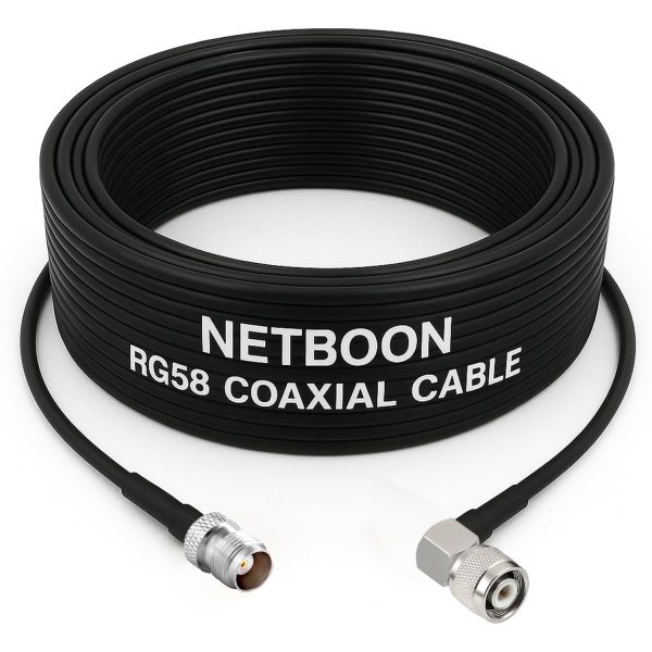 NETBOON RG58 Coaxial Cable Assembly with TNC Female to TNC Male Right Angle Connectors 50 Ohm RF Jumper for Communication Panels, Lab Testing (1) NETBOON RG58 Coaxial Cable Assembly with TNC Female to TNC Male Right Angle Connectors | 50 Ohm RF Jumper for Communication Panels, Lab Testing