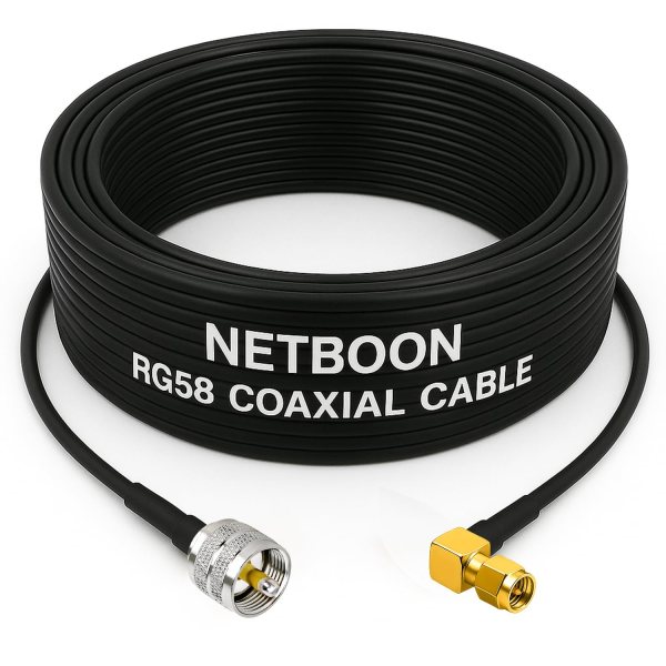 NETBOON RG58 Coaxial Cable Assembly with UHF Male to SMA Male Right Angle Connectors Flexible Low-Loss Jumper for RF Devices, Testing & Signal Transmission Applications (1) NETBOON RG58 Coaxial Cable Assembly with UHF Male to SMA Male Right Angle Connectors | Flexible Low-Loss Jumper for RF Devices, Testing & Signal Transmission Applications