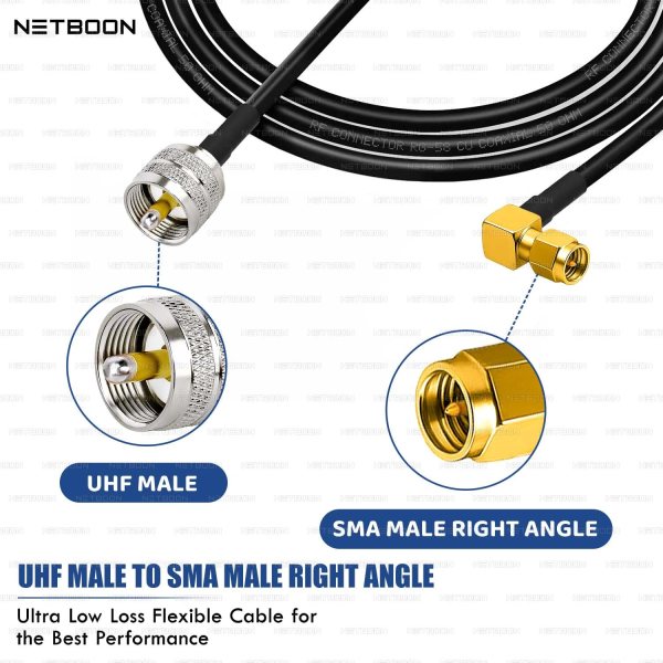 NETBOON RG58 Coaxial Cable Assembly with UHF Male to SMA Male Right Angle Connectors Flexible Low-Loss Jumper for RF Devices, Testing & Signal Transmission Applications (4) RG58 Coaxial Cable with UHF Male to SMA Male Right Angle Connector | 50 Ohm Flexible RF Jumper Cable for Antennas and Communication Devices