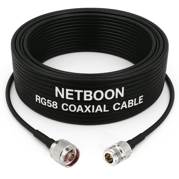 NETBOON RG58 Coaxial Cable Assembly – N Male to N Female Connector, 50 Ohm Low-Loss RF Jumper Cable for RF Test, Antenna Extension, and Communication Devices