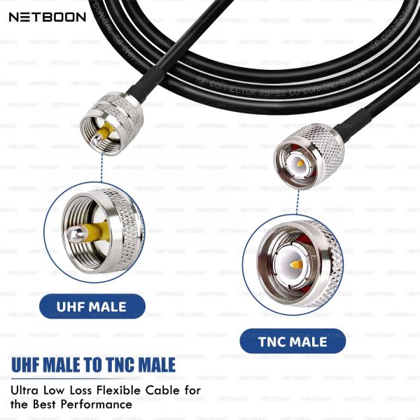 NETBOON RG58 Low Loss Coaxial Cable Assembly | UHF Male (PL-259) to TNC Male Connector | Shielded 50 Ohm RF Jumper | Ideal for Radio, Antenna Systems, Wireless Applications