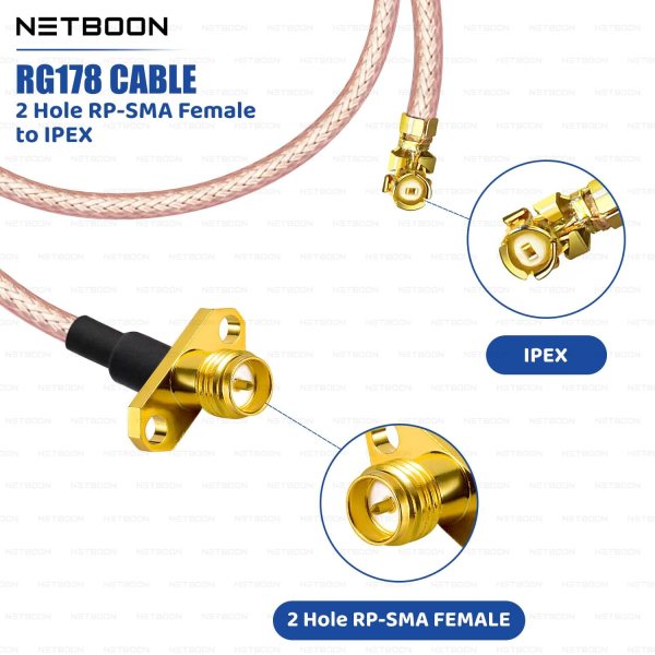 NETBOON RG178 Cable Assembly with 2-Hole RP-SMA Female to UFL/IPX/IPEX Connector – 50 Ohm RF Pigtail Jumper for IoT Devices, Antenna Integration, Wireless Modules, and PCB Systems