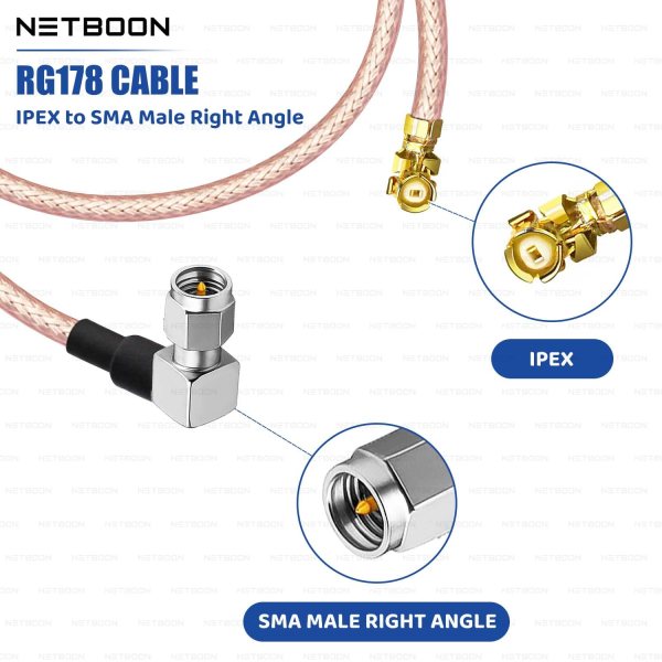 NETBOON RG178 Cable with UFL/IPEX to SMA Male Right Angle Connector | Flexible Low Loss RF Cable Assembly for IoT, WiFi, GPS & Wireless Devices