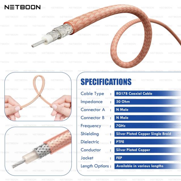 NETBOON RG178 Coaxial Cable Assembly with N Male to N Male Connector | Low Loss RF Cable, Frequency Support up to 7GHz