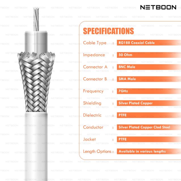 RG188 High-Precision RF Coaxial Cable | BNC Male to SMA Female Right Angle | Low-Loss, Shielded Cable for Test, IoT & Communication Systems